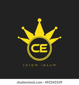 Logo letters C and E yellow crowned. Crown logotype design template on black background