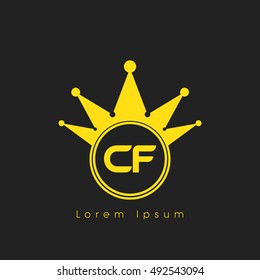 Logo letters C and F yellow crowned. Crown logotype design template on black background