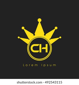 Logo letters C and H yellow crowned. Crown logotype design template on black background