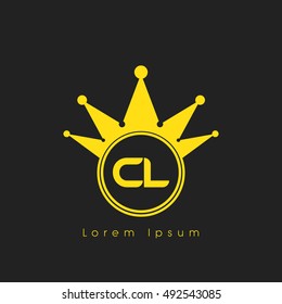 Logo letters C and L yellow crowned. Crown logotype design template on black background