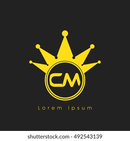 Logo letters C and M yellow crowned. Crown logotype design template on black background