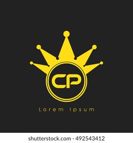 Logo letters C and P yellow crowned. Crown logotype design template on black background