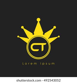 Logo letters C and T yellow crowned. Crown logotype design template on black background