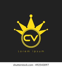 Logo letters C and V yellow crowned. Crown logotype design template on black background