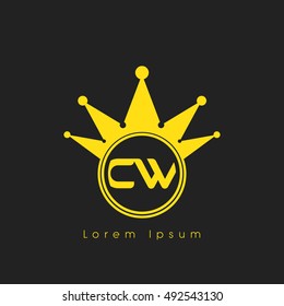 Logo letters C and W yellow crowned. Crown logotype design template on black background