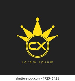 Logo letters C and X yellow crowned. Crown logotype design template on black background