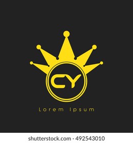 Logo letters C and Y yellow crowned. Crown logotype design template on black background