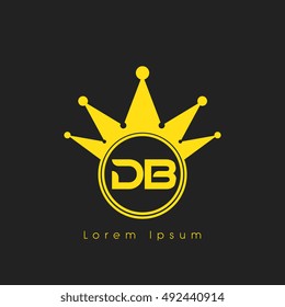 Logo letters D and B yellow crowned. Crown logotype design template on black background