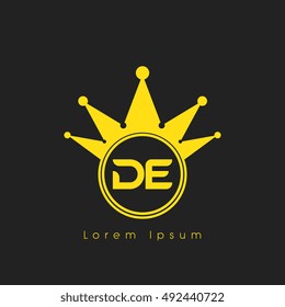 Logo letters D and E yellow crowned. Crown logotype design template on black background