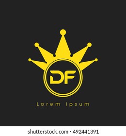 Logo letters D and F yellow crowned. Crown logotype design template on black background