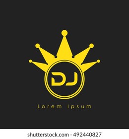 Logo letters D and J yellow crowned. Crown logotype design template on black background