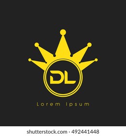 Logo letters D and L yellow crowned. Crown logotype design template on black background