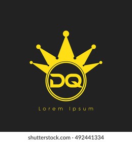 Logo letters D and Q yellow crowned. Crown logotype design template on black background