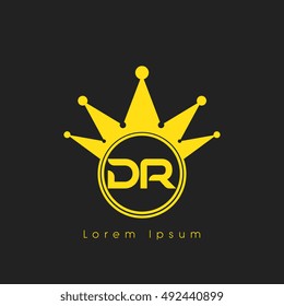 Logo letters D and R yellow crowned. Crown logotype design template on black background