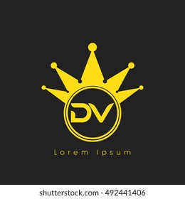 Logo letters D and V yellow crowned. Crown logotype design template on black background
