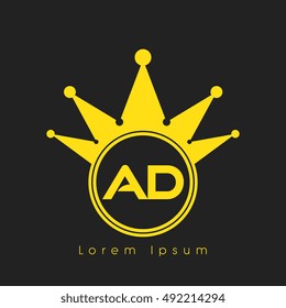 Logo letters A and D yellow crowned. Crown logotype design template.