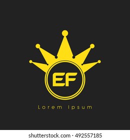 Logo letters E and F  yellow crowned. Crown logotype design template on black background