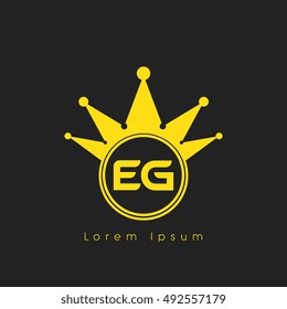 Logo letters E and  G yellow crowned. Crown logotype design template on black background
