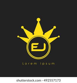 Logo letters E and J yellow crowned. Crown logotype design template on black background