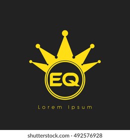 Logo letters E and Q yellow crowned. Crown logotype design template on black background