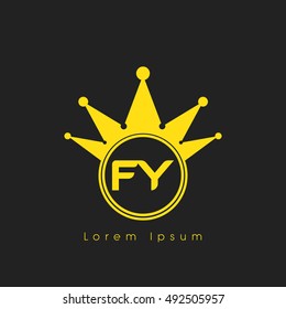 Logo letters F and  yellow crowned. Crown logotype design template on black background