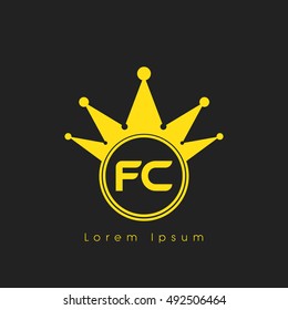 Logo letters F and  yellow crowned. Crown logotype design template on black background