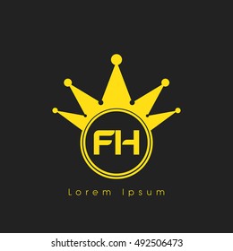 Logo letters F and  yellow crowned. Crown logotype design template on black background