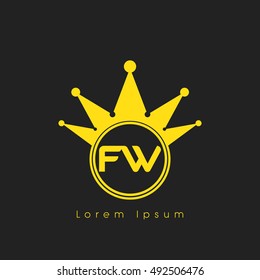 Logo letters F and  yellow crowned. Crown logotype design template on black background