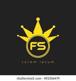 Logo letters F and  yellow crowned. Crown logotype design template on black background