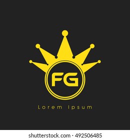 Logo letters F and  yellow crowned. Crown logotype design template on black background