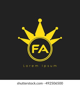 Logo letters F and  yellow crowned. Crown logotype design template on black background