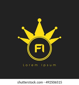 Logo letters F and  yellow crowned. Crown logotype design template on black background