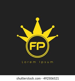 Logo letters F and  yellow crowned. Crown logotype design template on black background