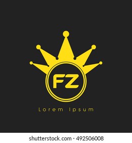 Logo letters F and Z yellow crowned. Crown logotype design template on black background