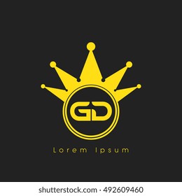 Logo letters G and D yellow crowned. Crown logotype design template on black background