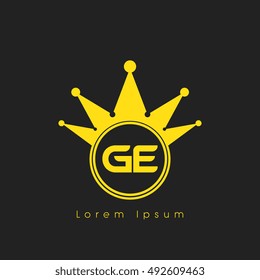 Logo letters G and E yellow crowned. Crown logotype design template on black background
