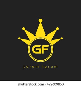 Logo letters G and F yellow crowned. Crown logotype design template on black background