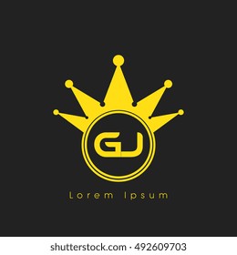 Logo letters G and J yellow crowned. Crown logotype design template on black background