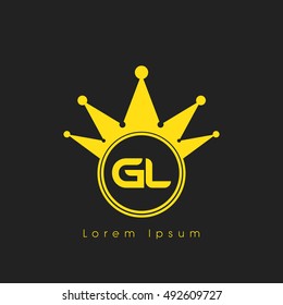 Logo letters G and L yellow crowned. Crown logotype design template on black background