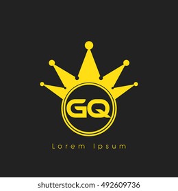 Logo letters G and Q yellow crowned. Crown logotype design template on black background