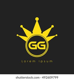 Logo letters G and G yellow crowned. Crown logotype design template on black background