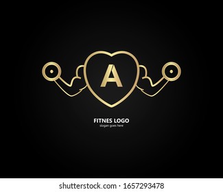 logo letters and gym logos. letter a and the combination design of the hand holding a barbell. gold texture. Modern sport logo template. unique and simple. for business cards and graphic design.