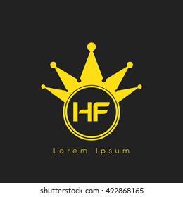 Logo letters H and F yellow crowned. Crown logotype design template on black background