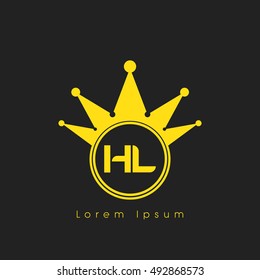 Logo letters H and L yellow crowned. Crown logotype design template on black background