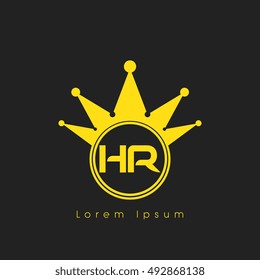 Logo letters H and R yellow crowned. Crown logotype design template on black background