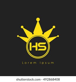 Logo letters H and S yellow crowned. Crown logotype design template on black background