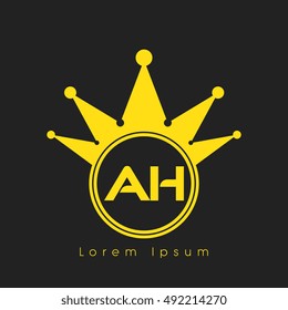 Logo letters A and H yellow crowned. Crown logotype design template.