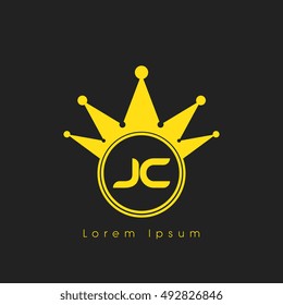 Logo letters J and C yellow crowned. Crown logotype design template on black background