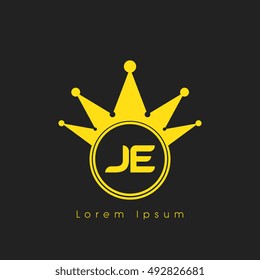 Logo letters J and E yellow crowned. Crown logotype design template on black background