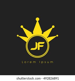 Logo letters J and F yellow crowned. Crown logotype design template on black background